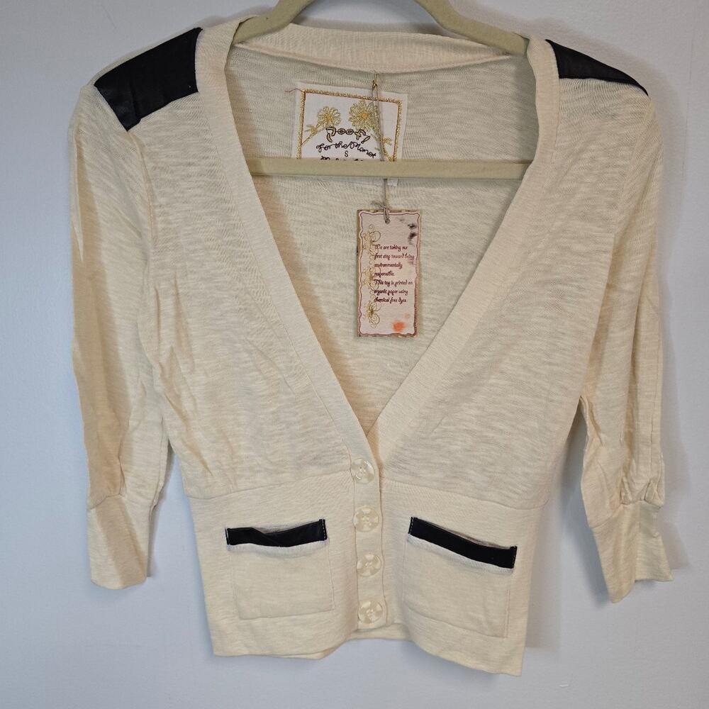 Poof! "For the Planet" cream cardigan with black shoulder size small NWT